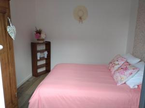 1 dormitorio con cama rosa y manta rosa en Les petits gites, en Ernée