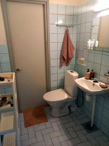 a bathroom with a toilet and a sink at Citykoti in Varkaus