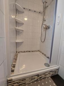 a bathroom with a shower with a white tiled tub at Ferienwohnung Streit in Kurort Gohrisch +42 photos