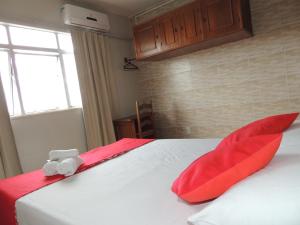a bed with two red pillows and a teddy bear on it at Hotel Serra Das Vertentes in Barbacena