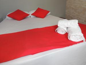 a bed with red pillows and two towels on it at Hotel Serra Das Vertentes in Barbacena