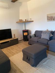 a living room with a couch and a tv at Casa Foelas The Garden Apartment in Casoli