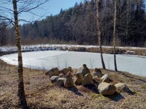 un gruppo di rocce seduti sul lato di un lago di Forest House Near Vilnius a Lavoriškės