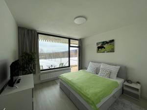 ein Schlafzimmer mit einem grünen Bett und einem Fenster in der Unterkunft Apartmán Darsinka in Stachy