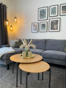 ein Wohnzimmer mit einem Sofa und einem Tisch in der Unterkunft Lee-Moderne Neubauwohnung in Strandnähe - Wallbox in Wremen