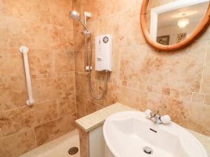 een badkamer met een wastafel, een douche en een spiegel bij Eastburn Cottage in West Burton +20 foto's