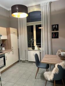 Apartment zur Wiege Anhalts في بالنشتيت: مطبخ مع طاولة وكراسي وغرفة طعام