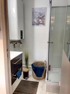 a bathroom with a shower and a chair next to a tub at bel appartement dans la montagne, L'orée du Bois in Mouthe