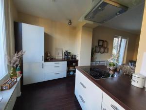 a kitchen with a white refrigerator and a counter at Villa Meschede in Meschede