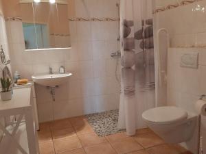 ein Bad mit einem WC, einem Waschbecken und einer Dusche in der Unterkunft Schöne Ferienwohnung Im alten Gasthaus in Stoltebüll in Stoltebüll