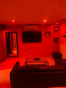 維勒班的住宿－love love 23，红色的客厅配有沙发和电视