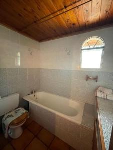 a bathroom with a tub and a toilet and a window at L'Es-sens-ciel in Le Guillaume