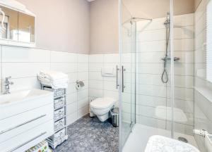 a bathroom with a toilet and a glass shower at Ferienwohnung Ziesing Friedrichsbrunn in Thale