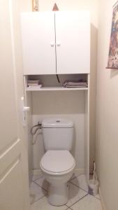 a bathroom with a toilet with a shelf above it at Studio charmant à Sarlat-la-Canéda avec terrasse in Sarlat-la-Canéda +19 photos