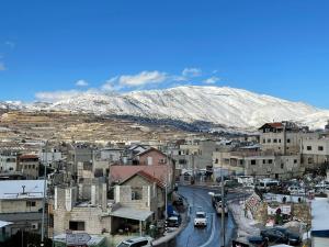 Eine Stadt mit einem schneebedeckten Berg im Hintergrund in der Unterkunft White view in Mas'ada