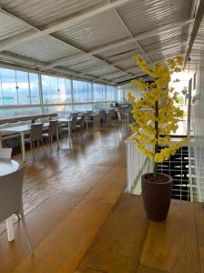 a room with tables and chairs and a tree in the middle at Pousada Maanaim in Campina Grande