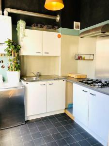 een keuken met witte kasten en een wastafel bij Bacchus Antwerpen - Rooms & Apartments in Antwerpen
