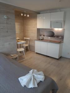a room with a kitchen with a table and a kitchen at Asimarė in Vilnius