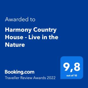 Certifikát, ocenenie alebo iný dokument vystavený v ubytovaní Harmony Country House - Live in the Nature