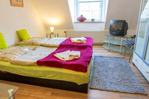 Cette chambre comprend un lit avec une couverture rose et une télévision. dans l'établissement Pension bei Stralsund, à Prohn
