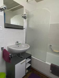 a bathroom with a sink and a shower and a mirror at Ferienwohnung Santino in Goslar +31 photos