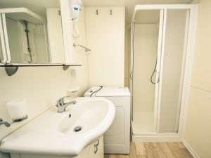 La salle de bains blanche est pourvue d'un lavabo et d'une douche. dans l'établissement Holiday Home Palma-4 by Interhome, à Obrovac