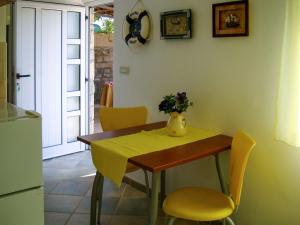 a dining room table with yellow chairs and a yellow table cloth at Holiday Home Garden Apartment - BRC650 by Interhome in Sumartin