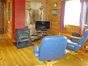 un salon avec une cheminée, une chaise et une télévision dans l'établissement Chalet Espetveit - SOO351 by Interhome, à Hornnes