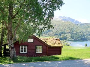 una pequeña casa roja con un árbol y un lago en Chalet Haukedalspanorama - FJS257 by Interhome, en Holsen