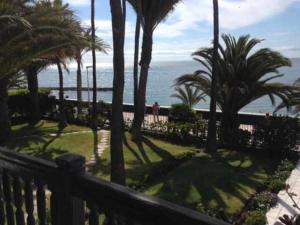 - Vistas al océano desde un complejo con palmeras en Alojamientos Los Arpones, en Playa del Inglés