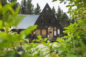 ein schwarzes Haus mit einem Gameradach in der Unterkunft Au Sommet du Fjord in Sacré-Coeur-Saguenay