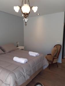 a bedroom with a bed and a chair and a chandelier at Las Hierbas in Puerto Madryn