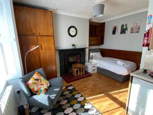 uma sala de estar com uma cama e uma lareira em Sandymount Studios em Dublin