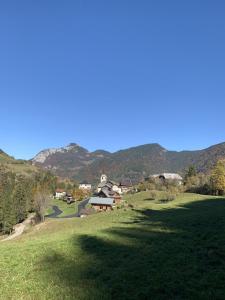 un campo verde con casas y montañas en el fondo en Kern, en Seytroux