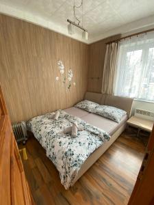 捷克布傑約維采的住宿－Apartment Hlinská，一间卧室,床上放着两只动物