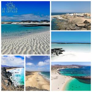 a collage of four pictures of the beach at Azotea de Cotillo in Cotillo