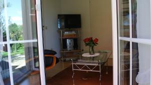 a living room with a table with a vase of flowers on it at Ferienwohnung Hummel in Bad Buchau