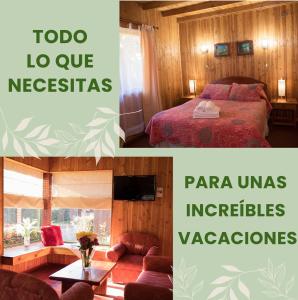 eine Collage mit zwei Bildern eines Hotelzimmers in der Unterkunft Complejo Turístico El Conquistador in Licán Ray