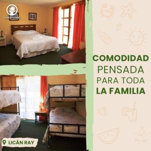 2 fotos de un dormitorio con literas y las palabras coronado pamanca en Complejo Turístico El Conquistador en Licán Ray