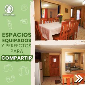 duas fotografias de uma cozinha e uma sala de estar em Complejo Turístico El Conquistador em Lican Ray