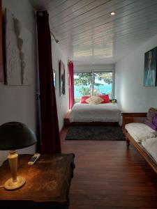 Schlafzimmer mit einem Bett und einem Fenster in der Unterkunft Villa des Galets in Saint-Pierre