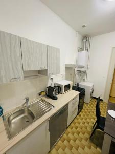 eine Küche mit einer Spüle und einer Mikrowelle in der Unterkunft Appartement proche de la ville et du parc du Truchet in Saint-Claude
