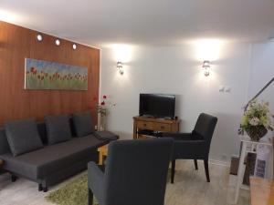 a living room with a couch and a tv at Le Pré Pigeon 86250 Charroux Vienne in Charroux