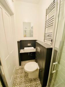 a bathroom with a toilet and a sink and a mirror at Upper Villa, Tighnabruiach, Argyll & Bute in Tighnabruaich