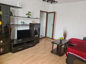 a living room with a television and a red couch at Apartament Mario Forty in Mangalia