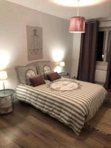 een slaapkamer met een groot bed en een gestreepte deken bij Paisible logement à Brive proche centre-ville et campagne avec Wifi Netflix et Parking privé in Brive-la-Gaillarde
