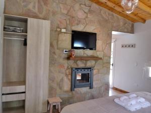 1 dormitorio con pared de piedra, chimenea y TV en El Rincón de Alejo, en Merlo 108 fotos más