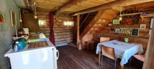 una sala da pranzo con tavolo in una cabina di Brīvdienu māja Branguļi a Bērzciems