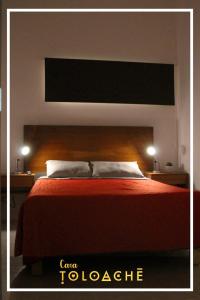 オアハカにあるCASA TOLOACHEのベッドルーム1室(赤毛布付きの大型ベッド1台付)