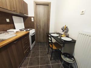 a small kitchen with a counter and a stove top oven at Dreams 3 in Kardítsa